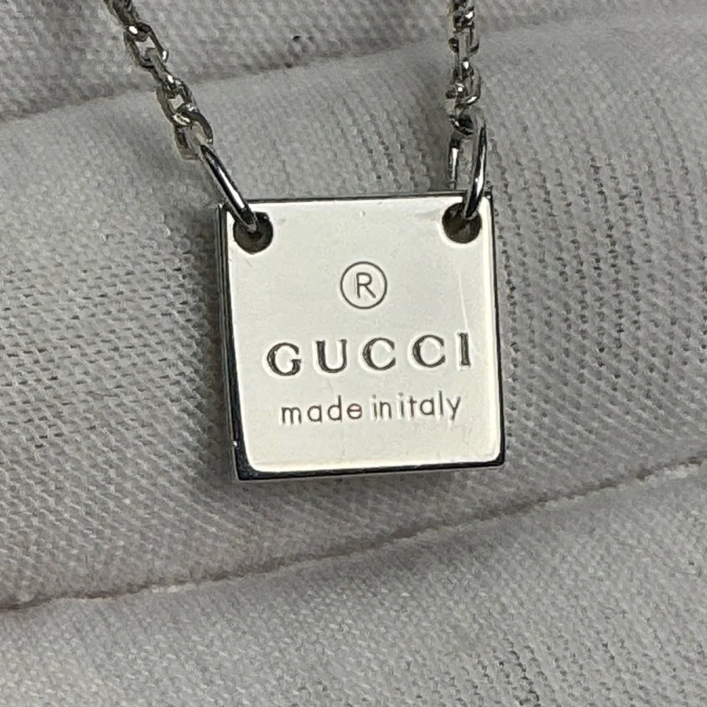 Authentic Gucci Square Plate Tag Pendant 925 Silver Necklace Signature Clasp - Picture 1 of 14
